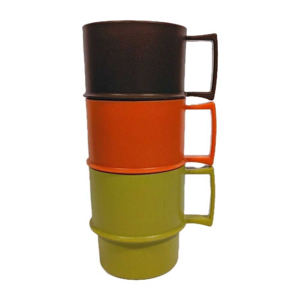 Vintage Tupperware Mugs Set of 3 Harvest Colors Green Orange Brown 1970s